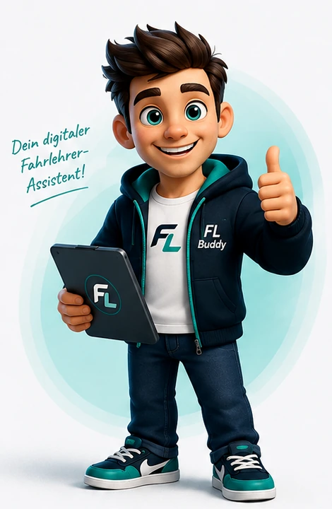 Buddy, das FL-Buddy-Maskottchen, hält ein Tablet und zeigt den Daumen nach oben